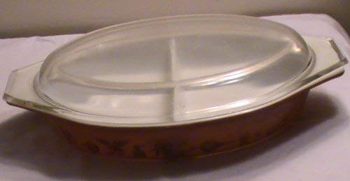 Vintage Pyrex Brown Americana 1 1/2 Quart Divided Casserole Dish with Lid