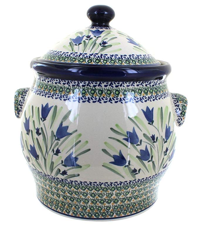 Polish Pottery Blue Tulip Cookie Jar