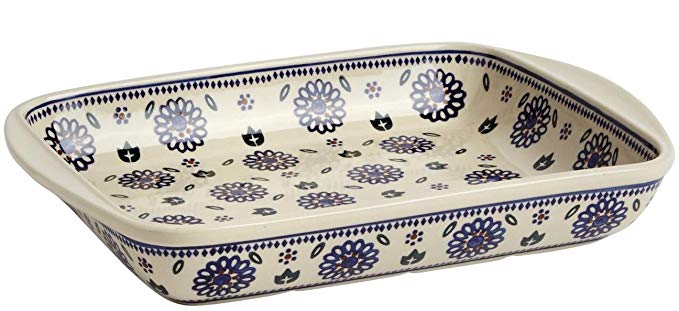 Polish Pottery Geometric Blue Flowers Baking or Serving Dish, 13.25”L x 10”W x 2”H