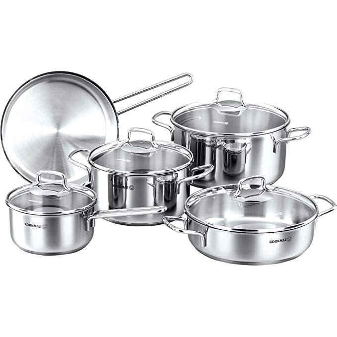 korkmaz Perla 9 Piece High-End Stainless Steel Induction-Ready Cookware Set with Tri-Ply Encapsulated Base