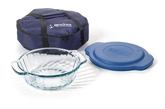 Anchor Hocking 3-Piece 2-Quart Sculpted Baking Dish with Slate Blue Plastic Lid and Blue Tote.