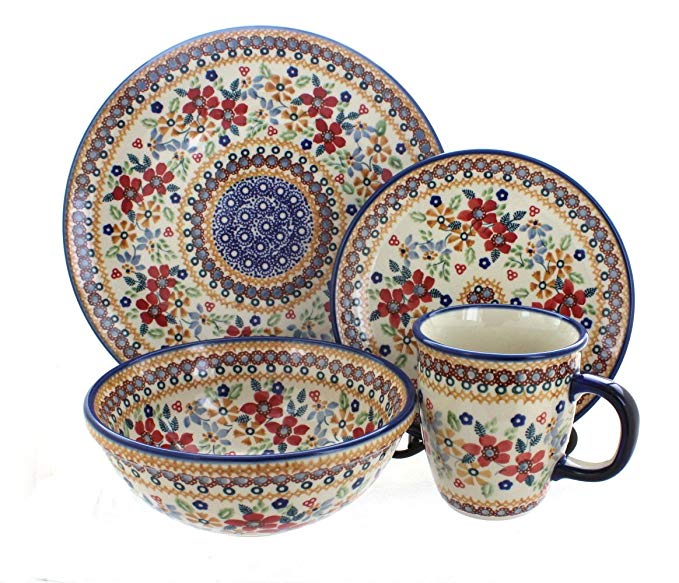 Blue Rose Polish Pottery Red Daisy 4 Piece Dinner Set