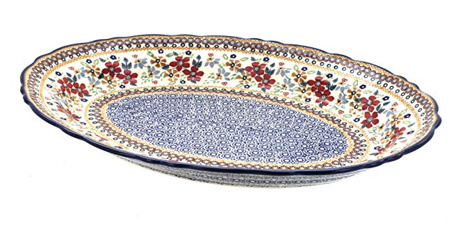 Blue Rose Polish Pottery Red Daisy Large Oval Serving Platter