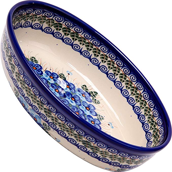 Polish Pottery Ceramika Boleslawiec, 1210/162, Oval Mirek Baker 2, 9 2/3 by 6 7/10 Inches - 5 Cups, Royal Blue Patterns with Blue Pansy Flower Motif