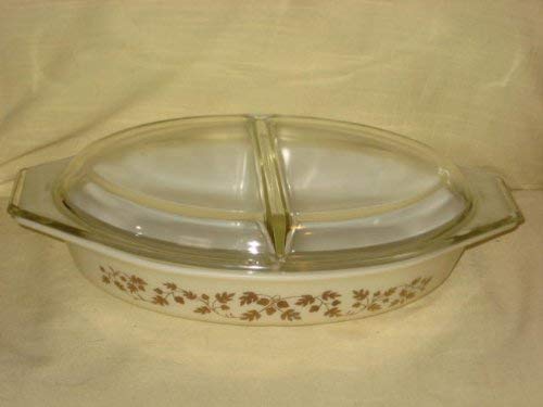 Vintage Corning Pyrex 1960 GOLDEN ACORN 1 1/2 Quart Divided Cinderella Casserole Baking Dish w/ Clear Lid