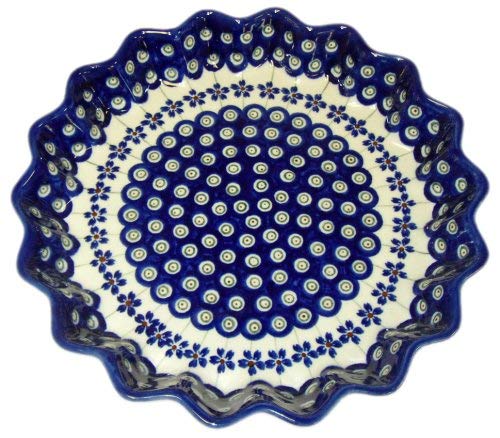 Teresa Beach Polish Pottery Scalloped 10 inch Quiche Dish, Floral Peacock pattern