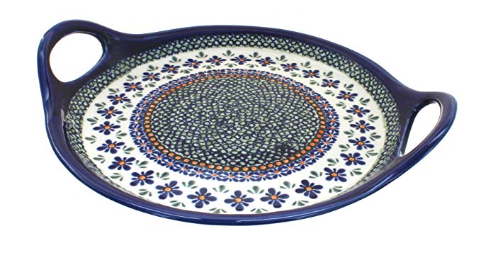 Polish Pottery Mosaic Flower Round Tray with Handles