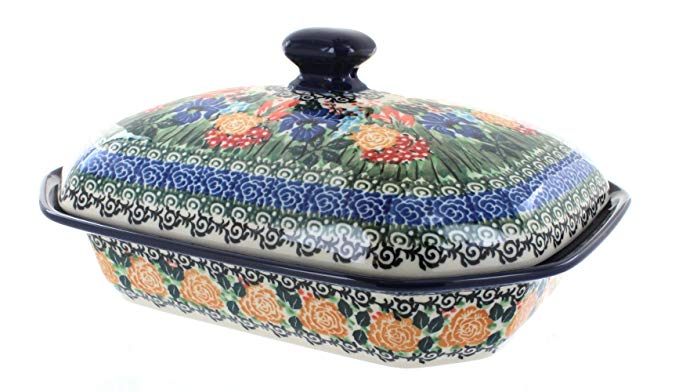 Blue Rose Polish Pottery Summer Blooms Medium Covered Baking Dish