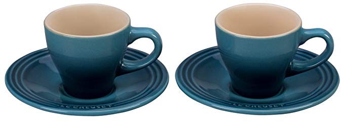 Le Creuset of America PG8001-096M Le Creuset Stoneware Set of 2 Espresso Cups and Saucers-Marine, 2 oz