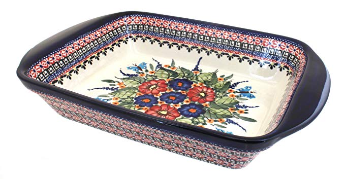 Polish Pottery Floral Butterfly Large Rectangular Baker