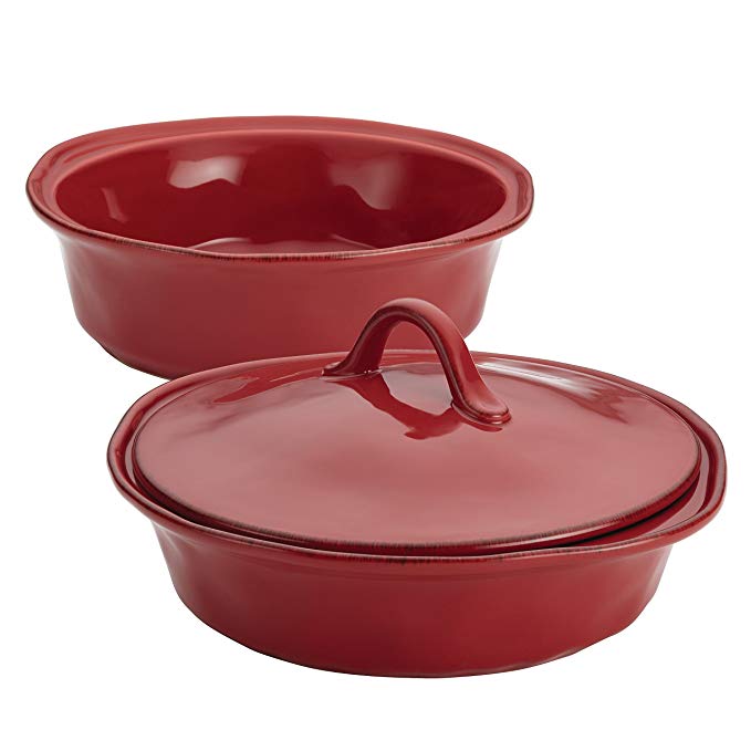 Rachael Ray Cucina Stoneware 3-Piece Round Casserole & Lid Set, Cranberry Red