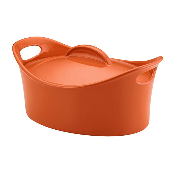 Rachael Ray Stoneware 4.25-Quart Covered Bubble and Brown Casseroval Casserole, Orange