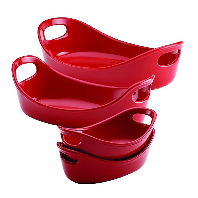 Rachael Ray Stoneware 4-Piece Bubble and Brown Oval Baker Set, Red