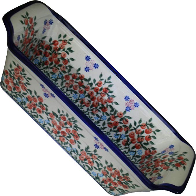 Polish Pottery Ceramika Boleslawiec 1207/282 Royal Blue Patterns 6-Cup Bread Meatloaf Baker, 12-3/4 by 5-3/8-Inch, Red Berries and Daisies