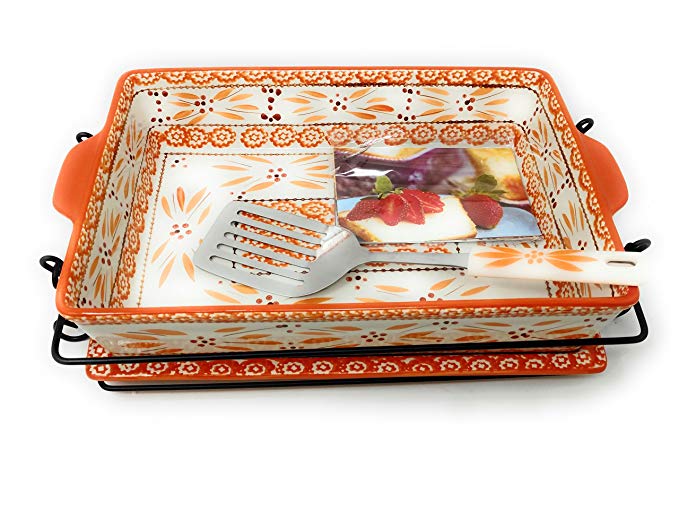 Temp-tations 4 Qt Baker Casserole Dish (13x9) w/Cookie Sheet/Lid-It, Cover, Server, Rack (Old World Spice)