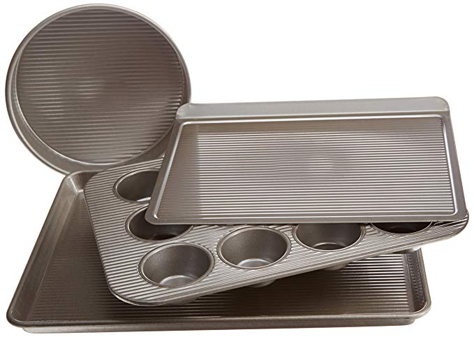 USA Pan Bakeware Aluminized Steel 4 Piece Essential Baker Pan Set, 12 Cup Muffin Pan, Round Cake Pan, Cookie Sheet and Half Sheet