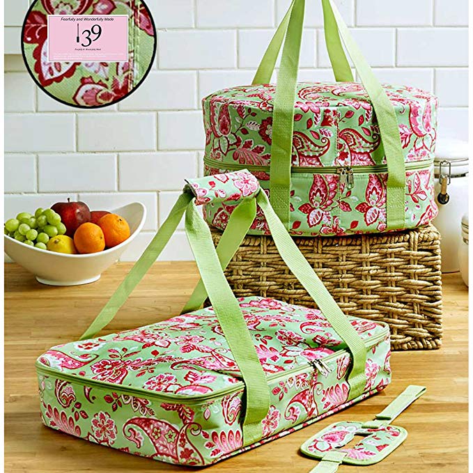 3pcs Celebrity TOP CHEF FOOD CARRIER SLOW COOKER AND CASSOROLE CARRIER WITH HANDLES… (Fusion Green Pink Floral)