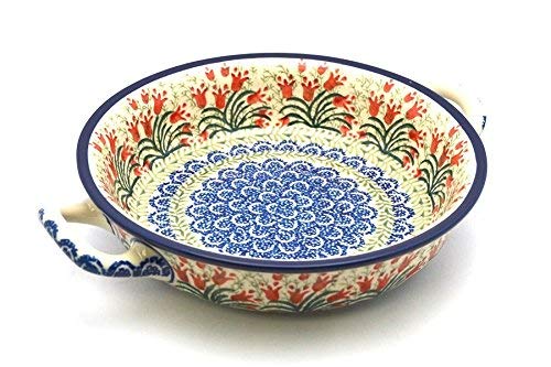 Polish Pottery Baker - Round with Handles - Medium - Crimson Bells