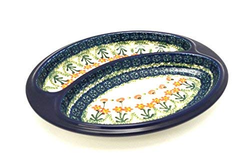 Polish Pottery Dish - Divided Polish Sausage - Peach Spring Daisy