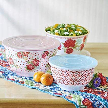 Pioneer Woman Melamine Serving Bowl Set with Lids (Set of 3 Bowls with 3 Lids) (Vintage Floral)