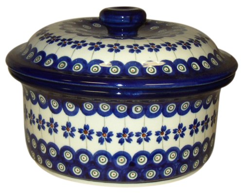 Teresa Beach Polish Pottery 5-Cup Covered Dish, Floral Peacock pattern