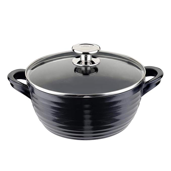 Portmeirion Sophie Conran Cast Aluminum Ceramic Coated Cookware Black Medium Casserole with Glass Lid, 8.0 Inch