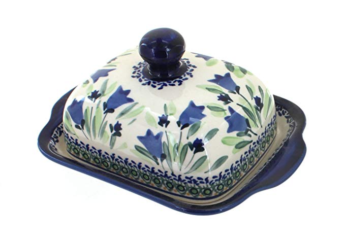 Polish Pottery Blue Tulip Square Butter Dish