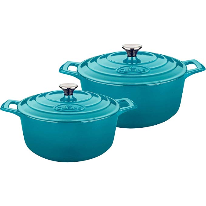 La Cuisine LC 2375 4 Piece Round Cast Iron Casserole Set with Enamel Finish, High Gloss Teal