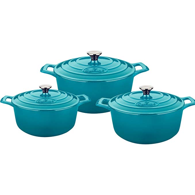 La Cuisine LC 2475MB 6 Piece Pro Round Cast Iron Casserole Set with Enamel Finish, High Gloss Teal