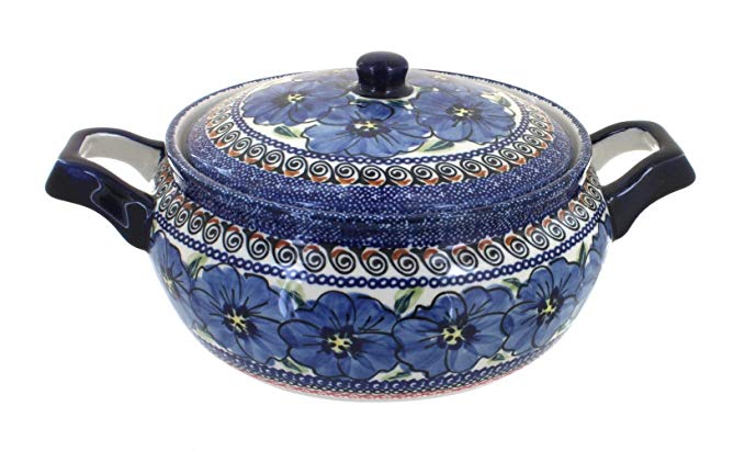 Polish Pottery Blue Art Medium Round Baker with Lid