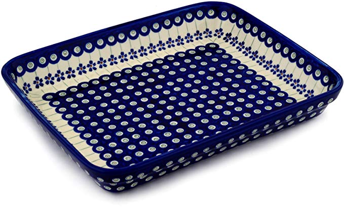 Polmedia Polish Pottery 13-inch Stoneware Rectangular Baker H9661C Hand Painted from Zaklady Ceramiczne in Boleslawiec Poland. Shape S158A(GU372) Pattern P1419A(166A)