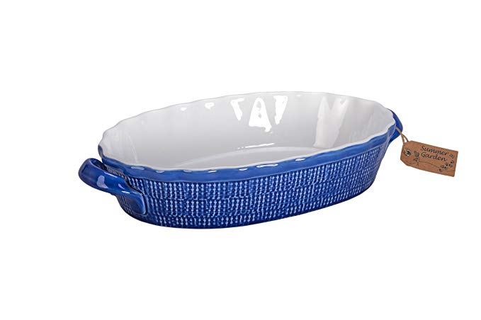 BIA Cordon Bleu Summer Garden 13.25-Inch Oval Baker Dish with Handles, Blue/White