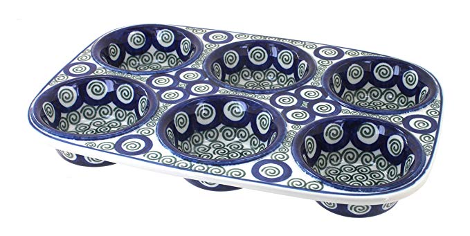 Polish Pottery Peacock Swirl Muffin Pan