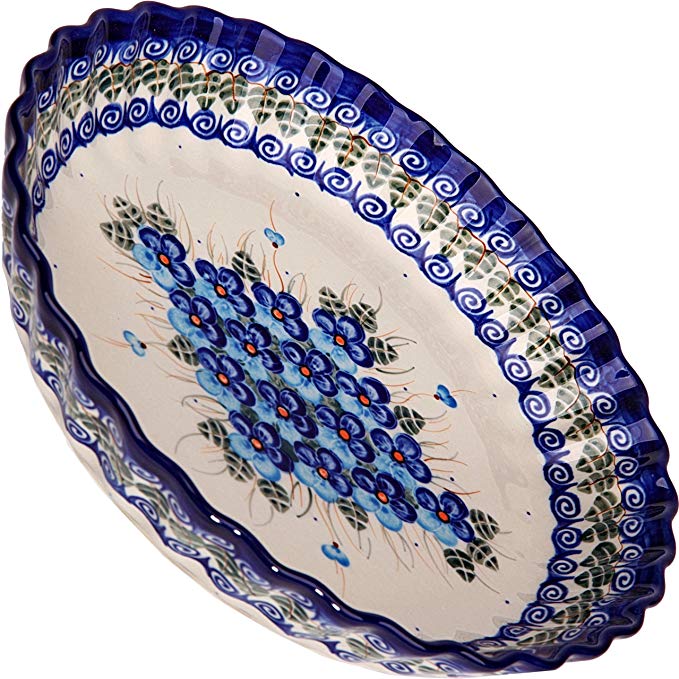 Polish Pottery Ceramika Boleslawiec, 1212/162, Pie Baker Small, 9 7/8 Inches in Diameter - 4 Cups, Royal Blue Patterns with Blue Pansy Flower Motif