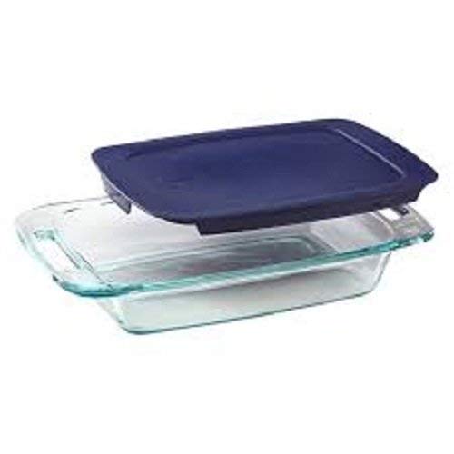 Pyrex Basics 3 Quart Glass Oblong Baking Dish with Blue Plastic Lid - 9 inch x 13 Inch