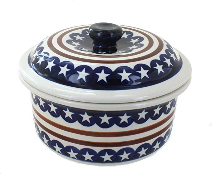 Polish Pottery Stars & Stripes Round Baker with Lid