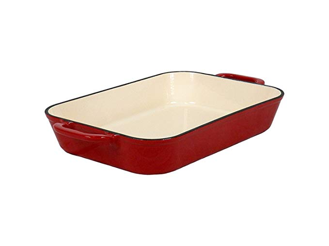 Field Chef Baker 5-Quart Enameled Cast Iron Lasagna Pan, Oven-To-Table Large Deep Red Rectangular Heat-Retentive Roasting Baking Dish For Tasty Meats, Casserole, Cakes, Ribs, Chicken, Veggies, Fish