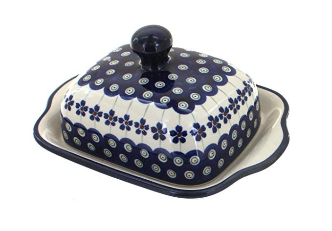 Polish Pottery Flowering Peacock Butter Dish