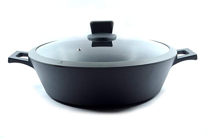 Uniware Top Quality Best Germany 3 Layer Non-stick Casting Aluminum Low Casserole Pot, with Glass Lid, Meets FDA standard, Soft Touch Knob, Induction Compatible Bottom, (14 Inch)