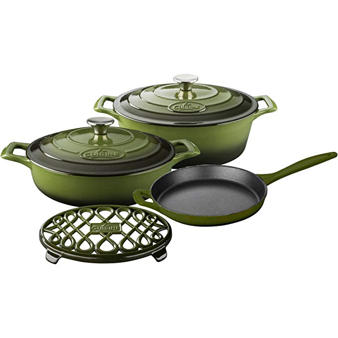 La Cuisine LC 2950 6 Piece Enameled Cast Iron Oval Casserole/Trivet Cookware Set, Olive Green