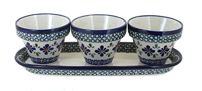 Polish Pottery Mosaic Flower Pots with Tray