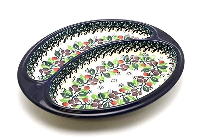 Polish Pottery Dish - Divided Polish Sausage - Burgundy Berry Green