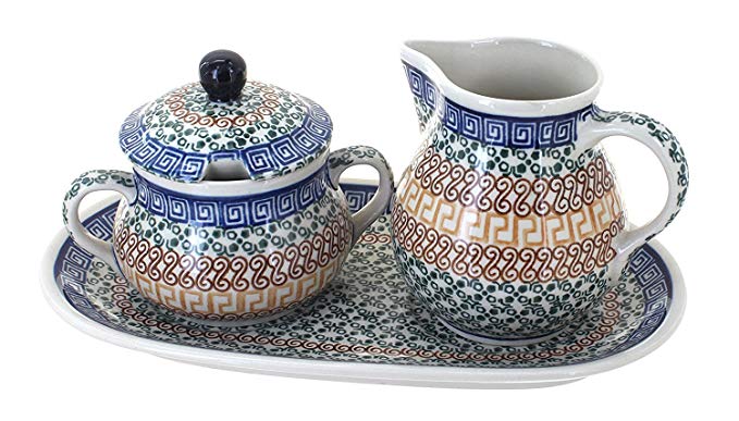 Polish Pottery Athena Large Sugar & Creamer Set with Tray