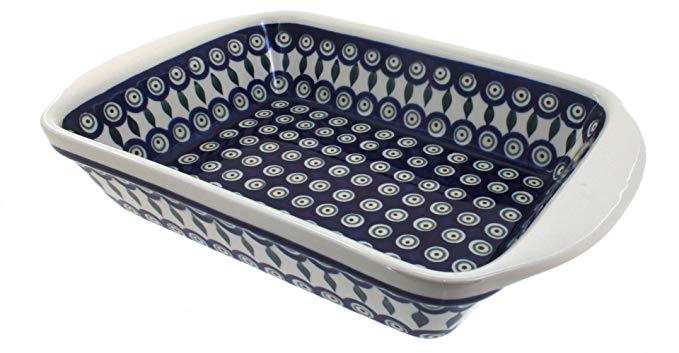 Polish Pottery Peacock Large Rectangular Baker with Handles