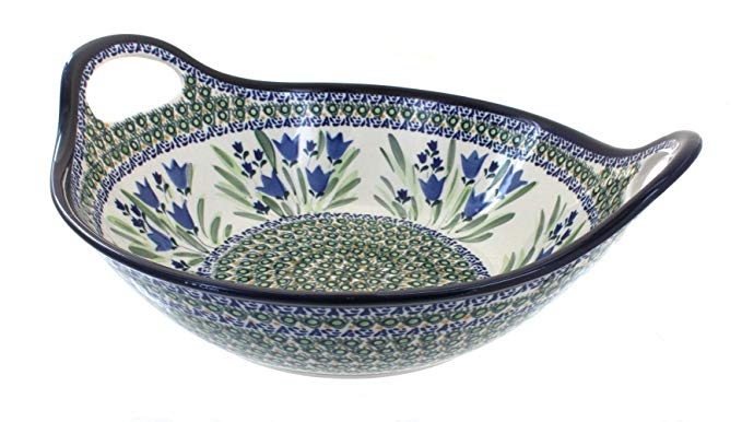 Polish Pottery Blue Tulip Deep Bowl with Handles