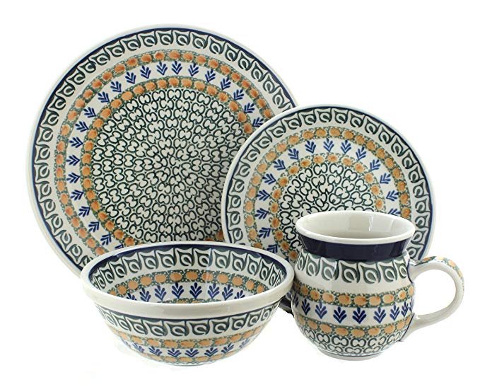 Polish Pottery Herb Garden 4 Piece Dinner Set