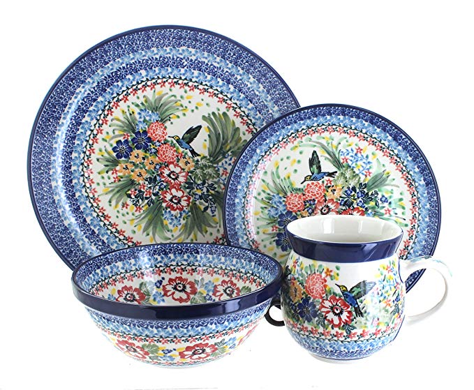 Blue Rose Polish Pottery Hummingbird 16 Piece Dinner Set