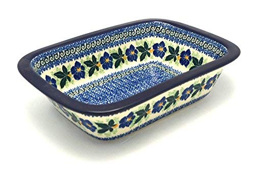 Polish Pottery Baker - Rectangular with Grip Lip - Blue Pansy