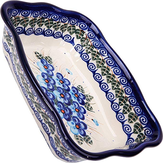 Polish Pottery Ceramika Boleslawiec Fala Baker Small, 7-3/4-Inch by 6-1/8-Inch, 3 Cups, Royal Blue Patterns with Blue Pansy Flower Motif (1208-162)